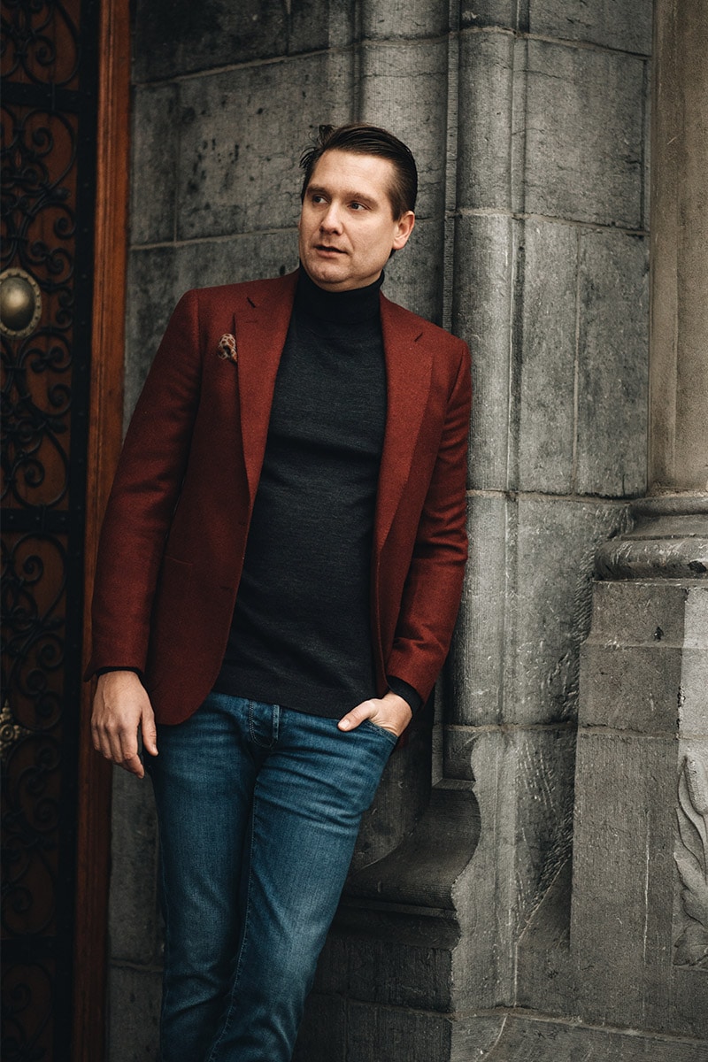 denim jasje met rood maatjasje