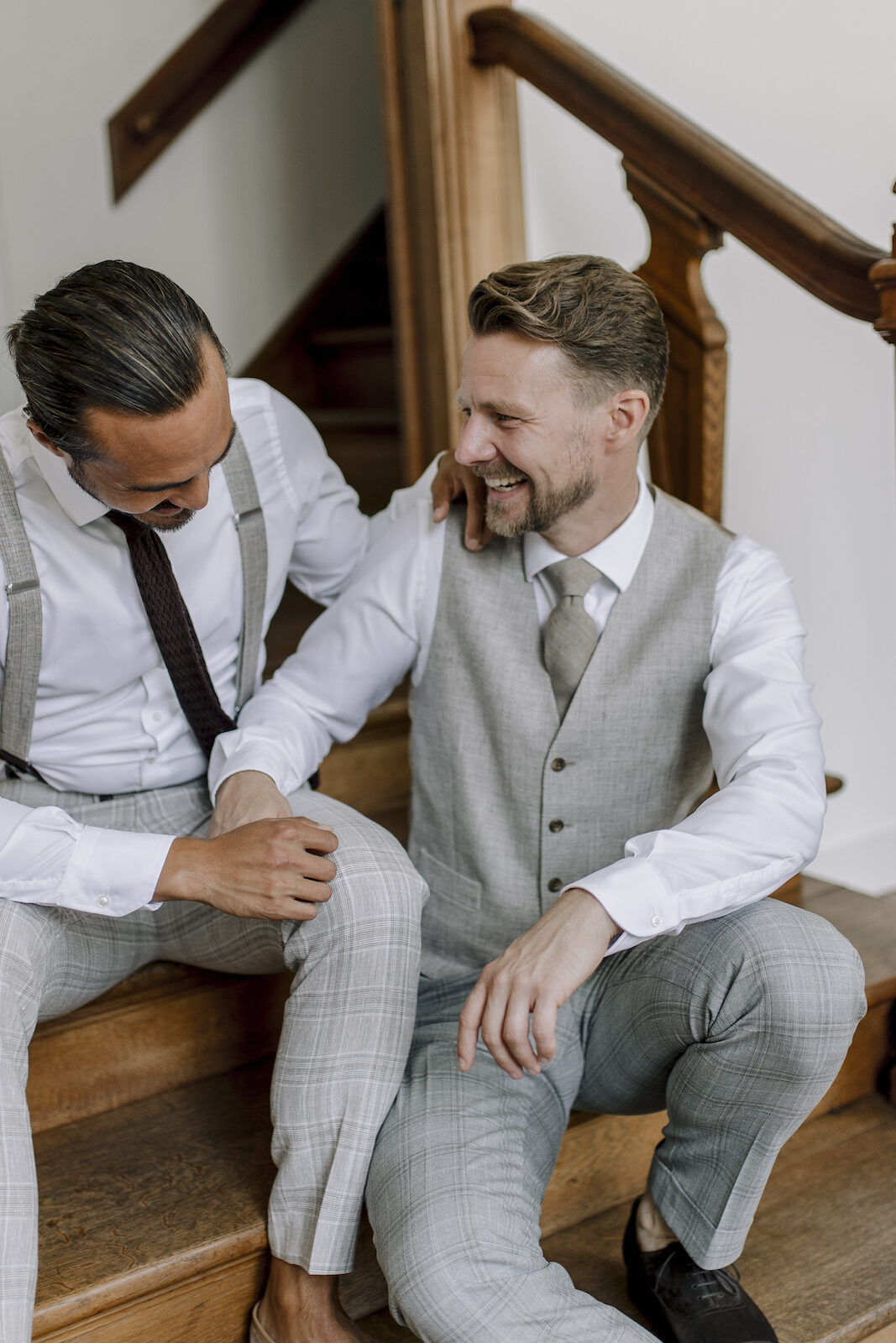 Grey costume with waistcoat gay wedding